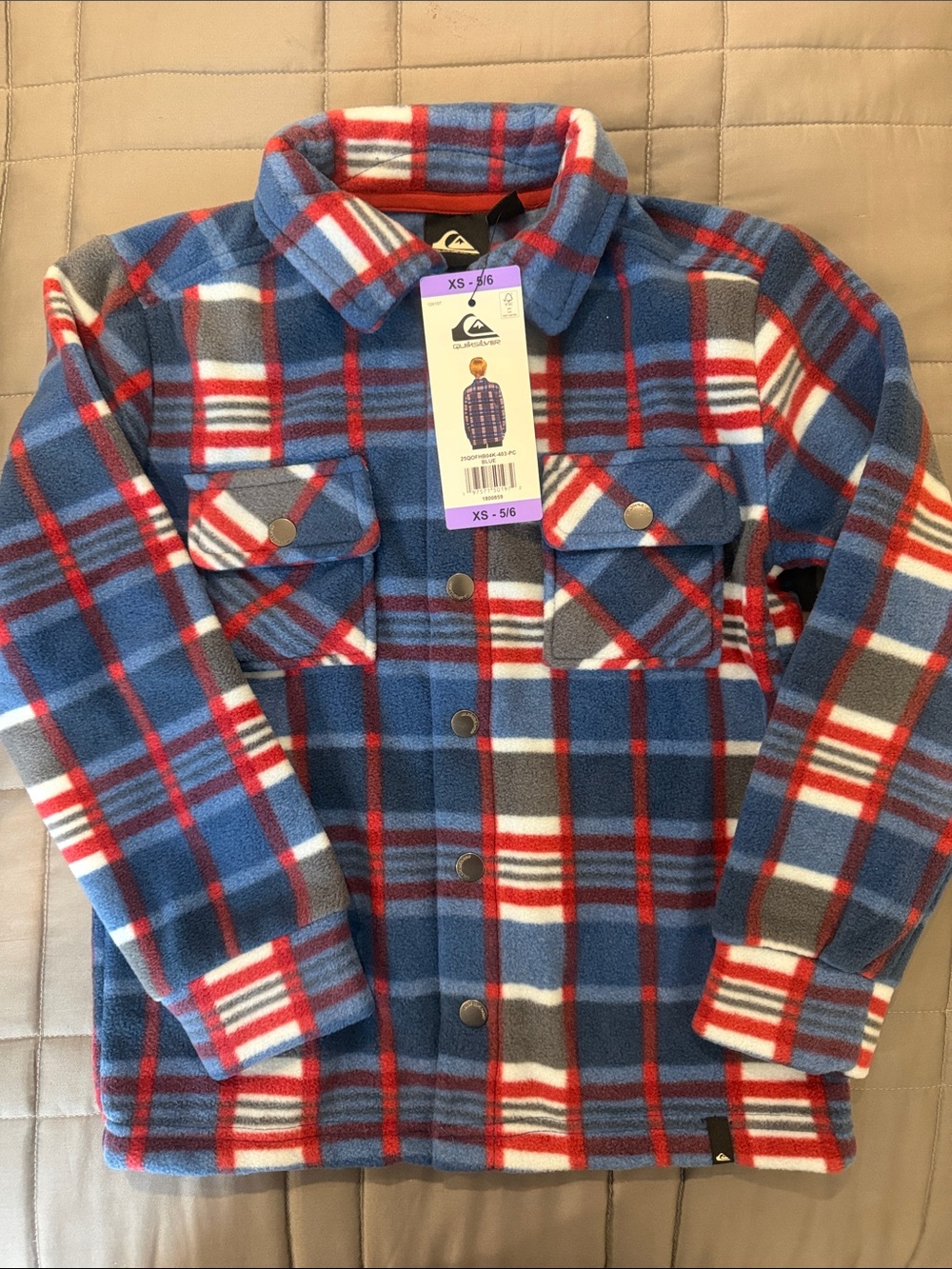 Quiksilver Blue Red Plaid Fleece Button-Up Jacket size 5/6 boys